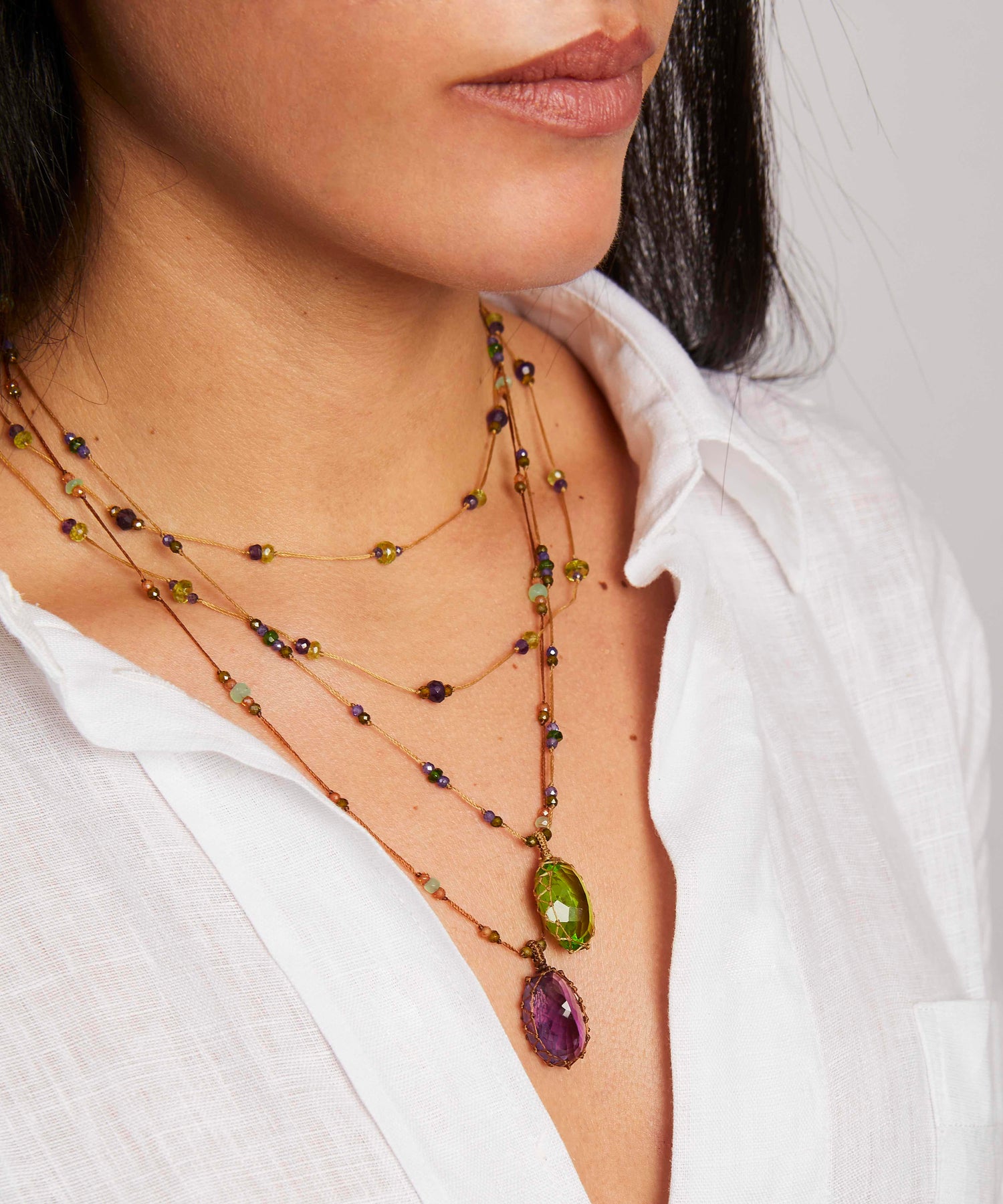 Collier Court Tibétain - Améthyste Violette Foncée - Mix Aigue-Marine - Fil Tabac