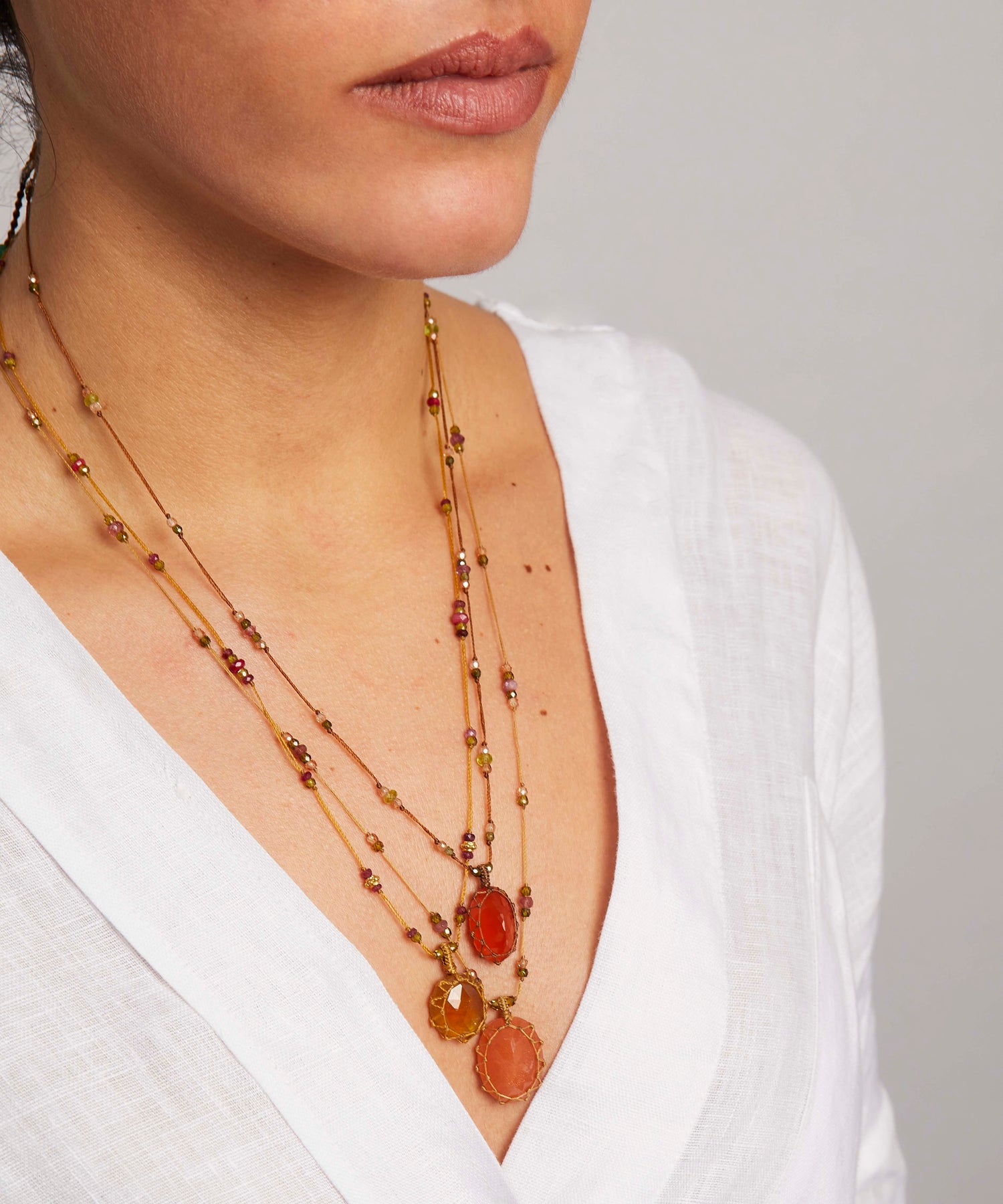 Short Tibetan Necklace - Strawberry Quartz Orange - Mix Pink Tourmaline - Tobacco Thread