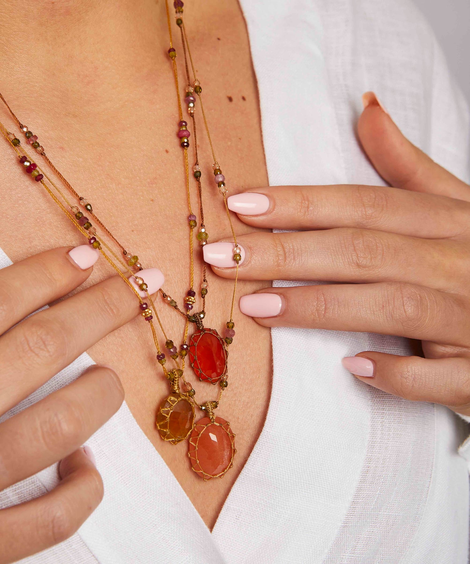 Short Tibetan Necklace - Orange Onyx - Mix Pink Tourmaline - Tobacco Thread