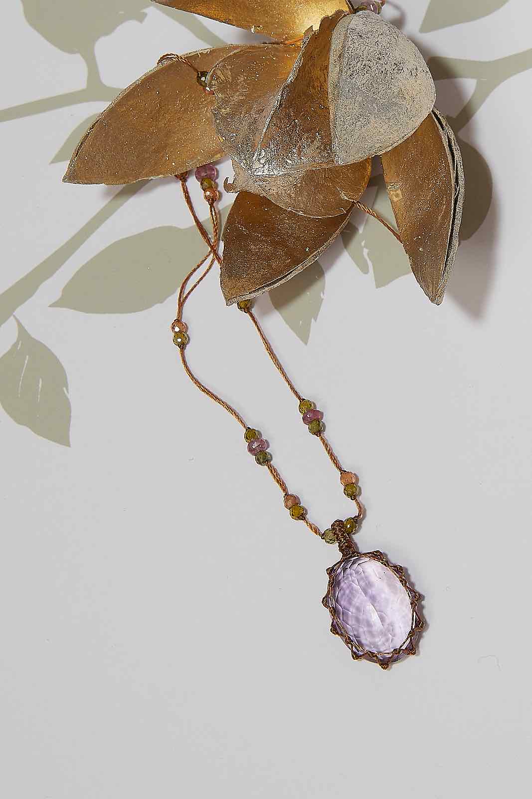 Collana Tibetana Corta - Ametista Viola Chiaro - Mix Tormalina Rosa - Filo Beige