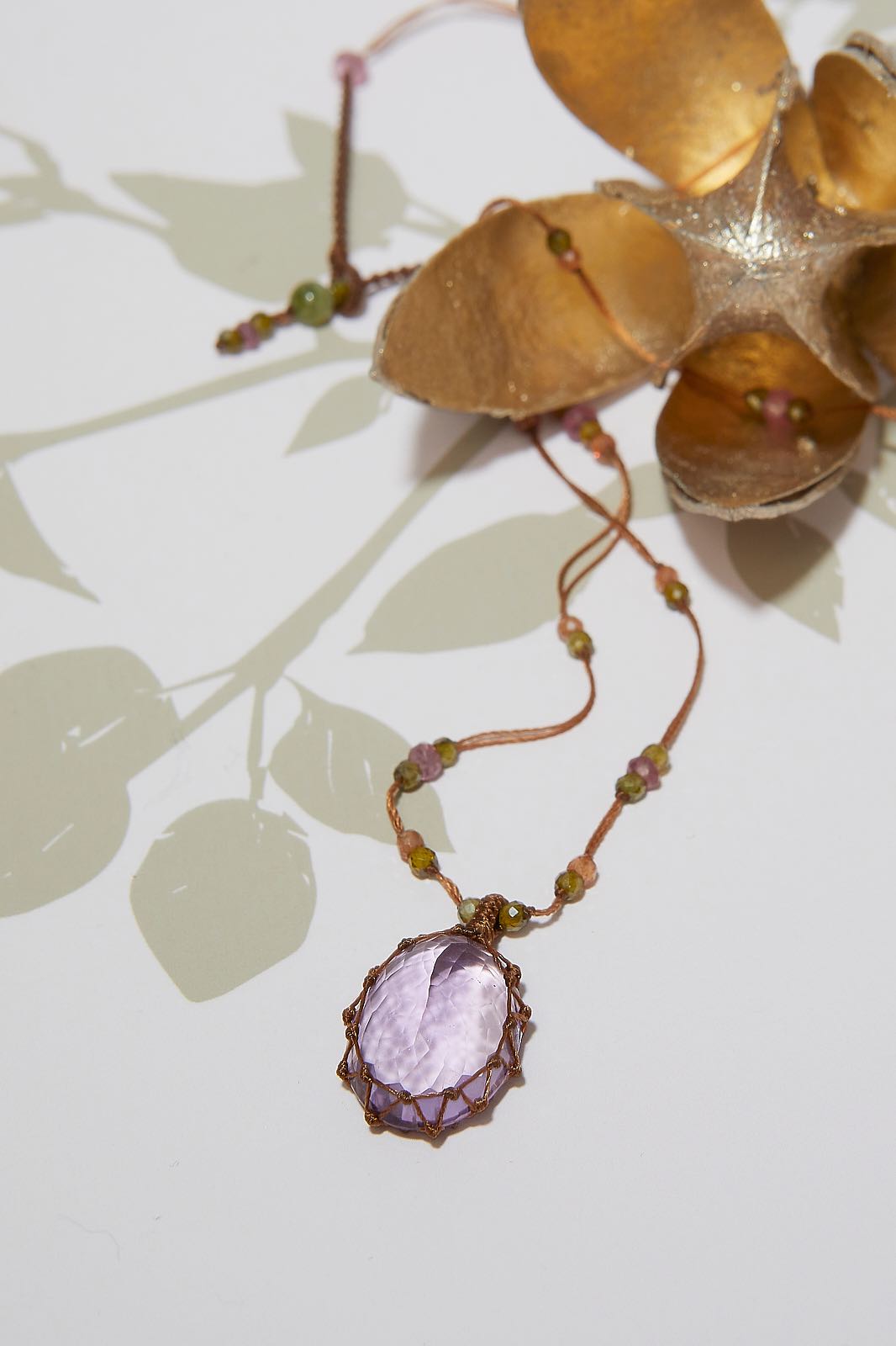 Collier Court Tibétain - Améthyste Violette Claire - Mix Tourmaline Rose - Fil Tabac