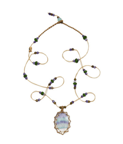 Collier Court Tibétain - Fluorite Rainbow - Mix Tsavorite & Purple - Fil Beige