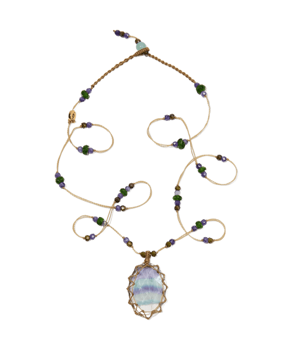 Collier Court Tibétain - Fluorite Rainbow - Mix Tsavorite & Purple - Fil Beige