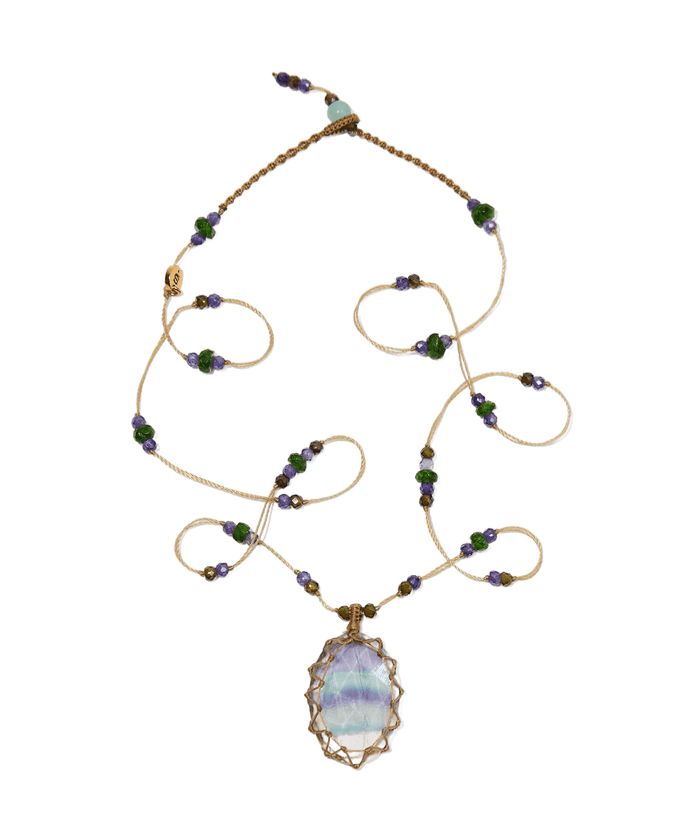 Collier Court Tibétain - Fluorit Regenbogen - Mix Tsavorite - Fil Beige