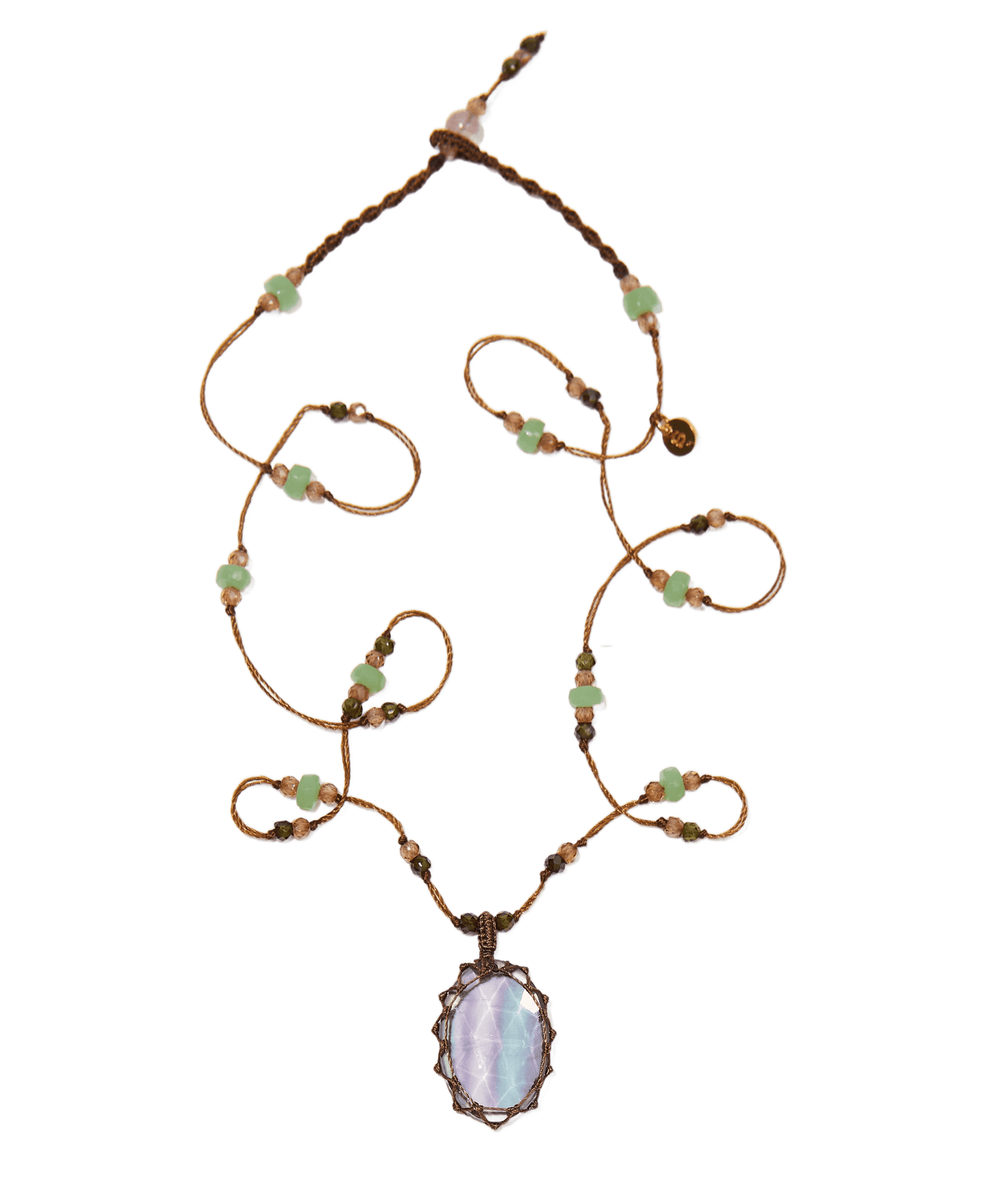Collier Court Tibétain - Fluorite Rainbow - Mix Chrysoprase - Fil Tabac