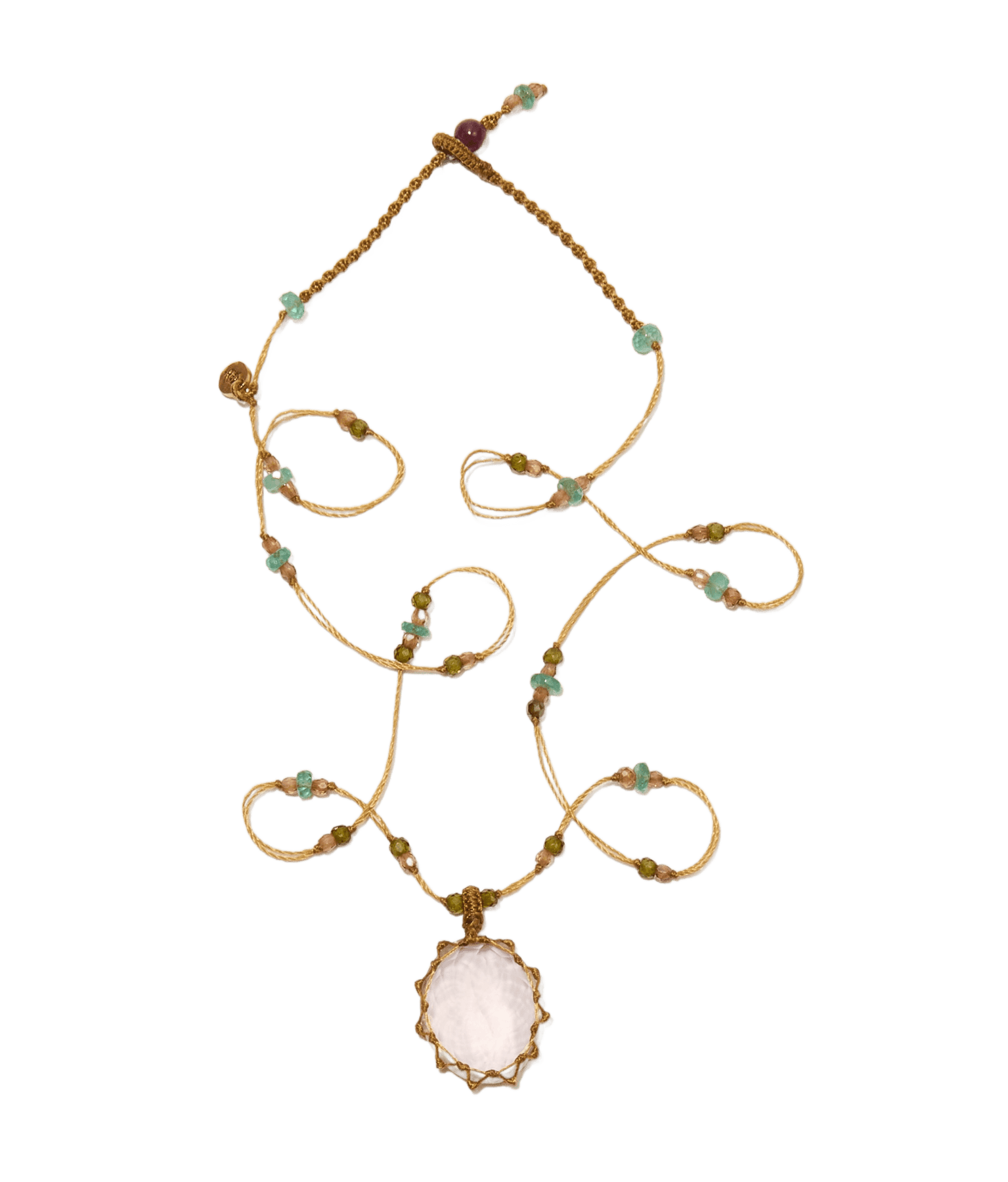 Collier Court Tibétain - Quartz Rose - Mix Émeraude - Fil Beige