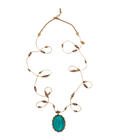 Sautoir Tibétain - Fluorite Bleue - Mix Tourmaline - Fil Beige