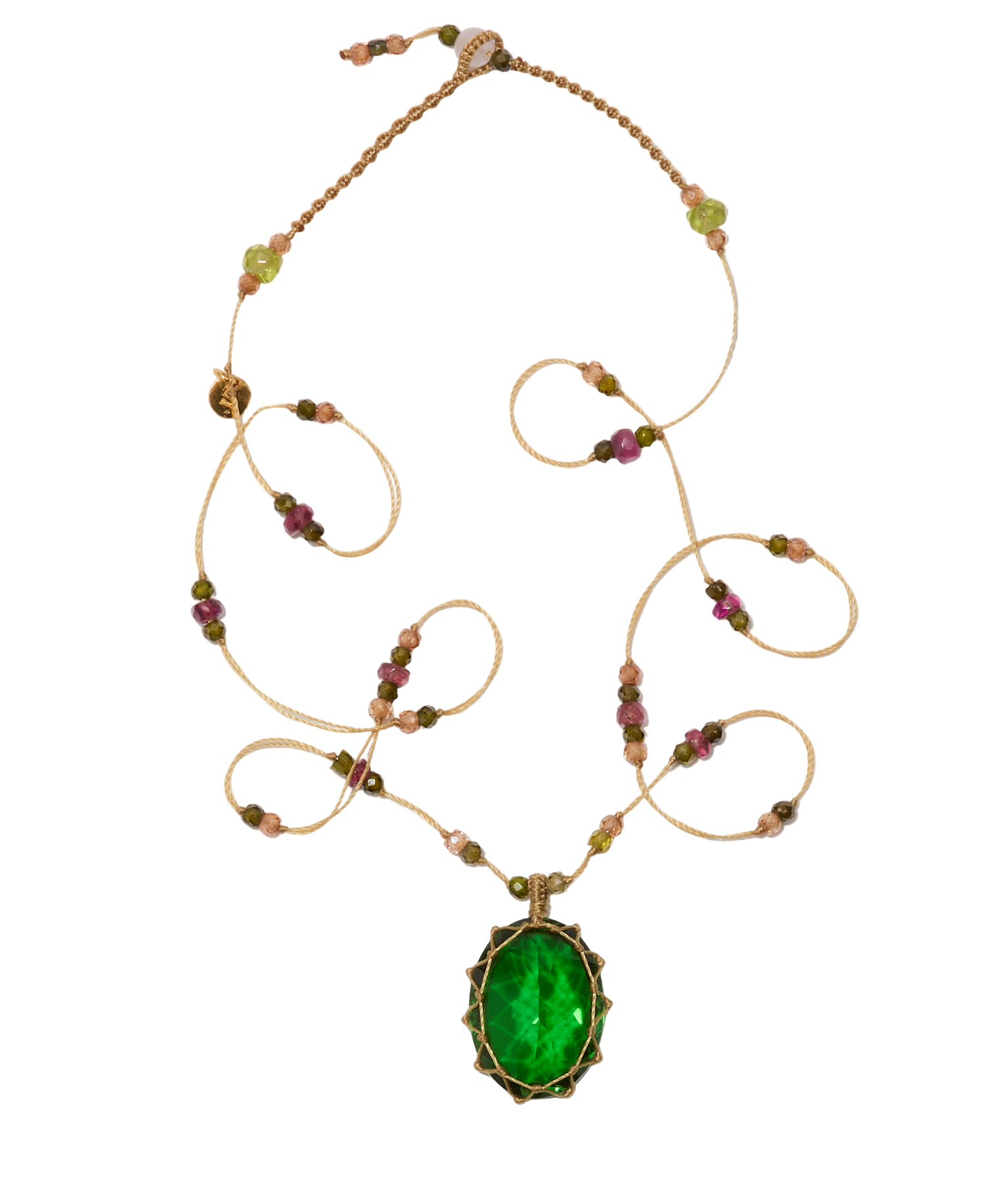 Tibetan short necklace - Rose quartz - Tourmaline mix - Beige thread