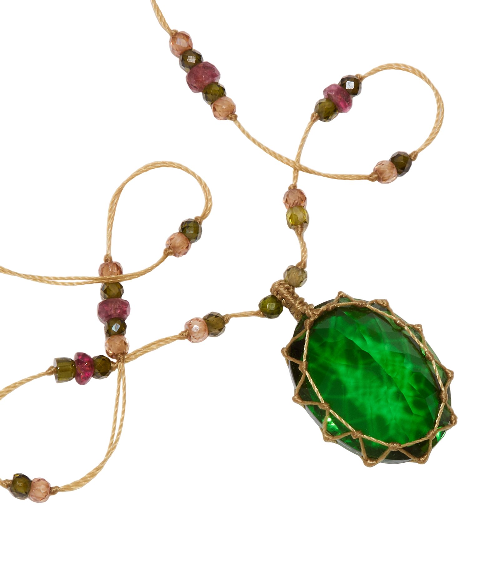 Tibetan short necklace - Rose quartz - Tourmaline mix - Beige thread