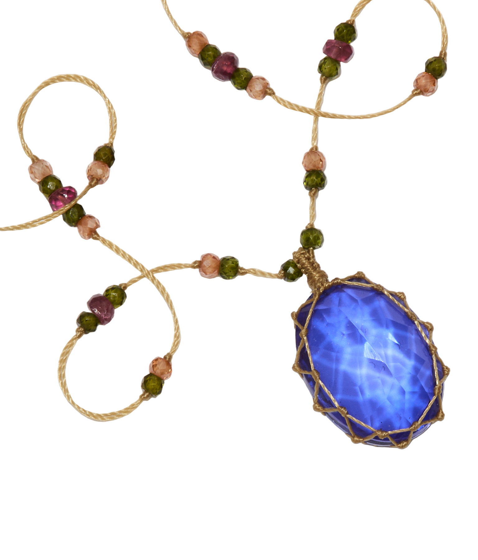 Tibetische kurze Halskette - Rosenquarz - Turmalin Mix - Beige Draht