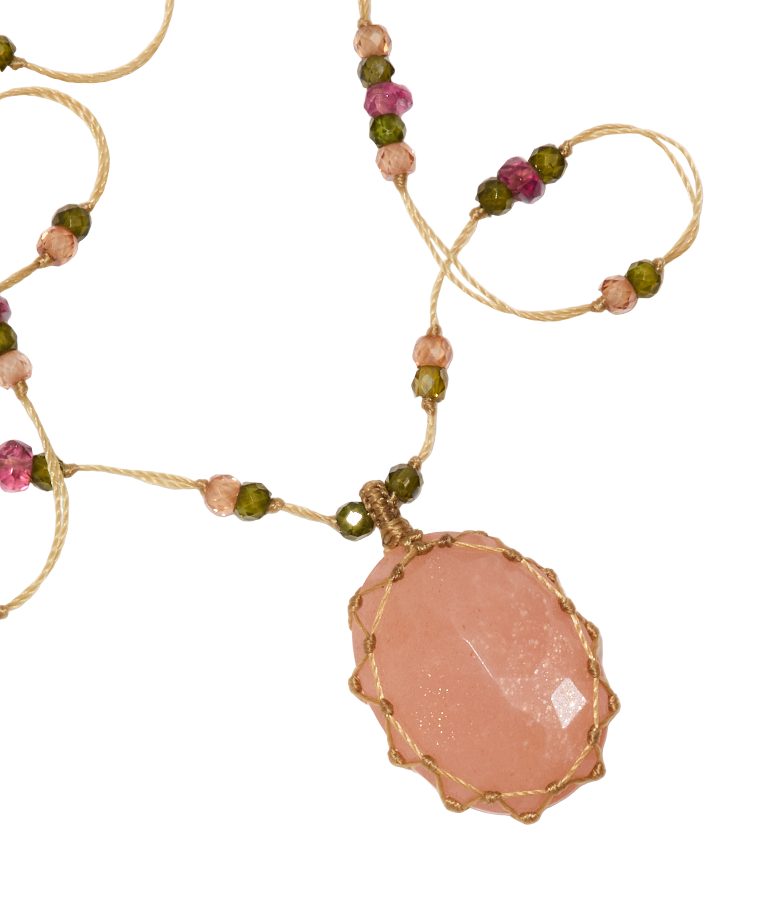 Collier Corto Tibetano - Pietra Luna Pesca - Mix Tourmalina - Filo Beige