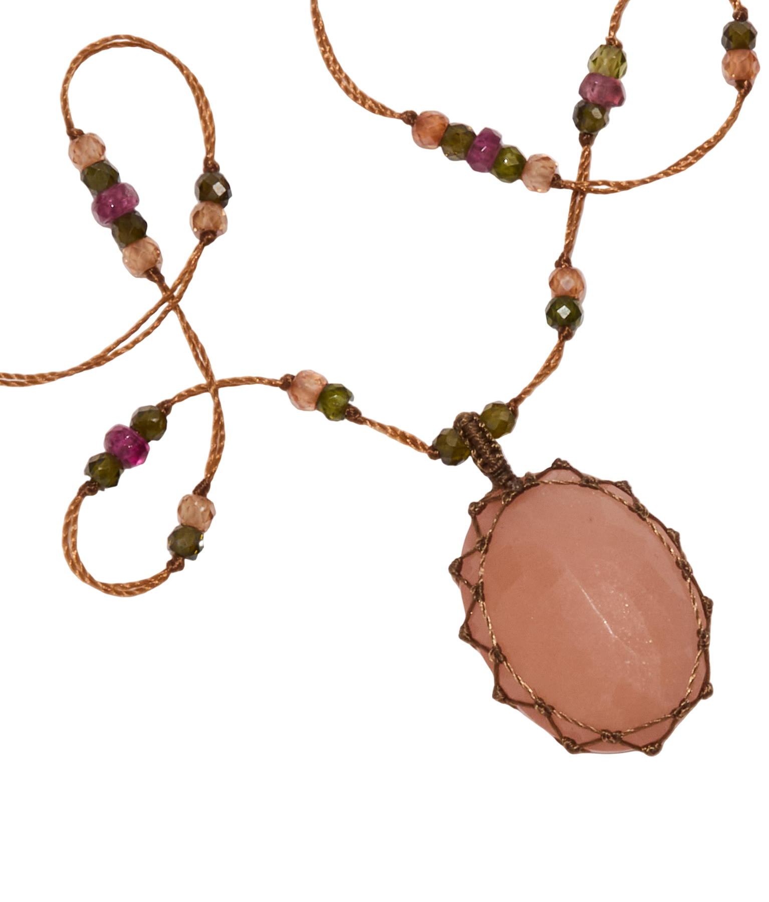 Collier Corto Tibetano - Pietra Luna Pesca - Mix Tourmalina - Filo Tabacco