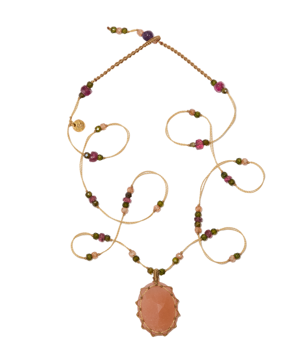 Collier Court Tibétain - Peach Moon Stone - Mix Tourmaline - Fil Beige