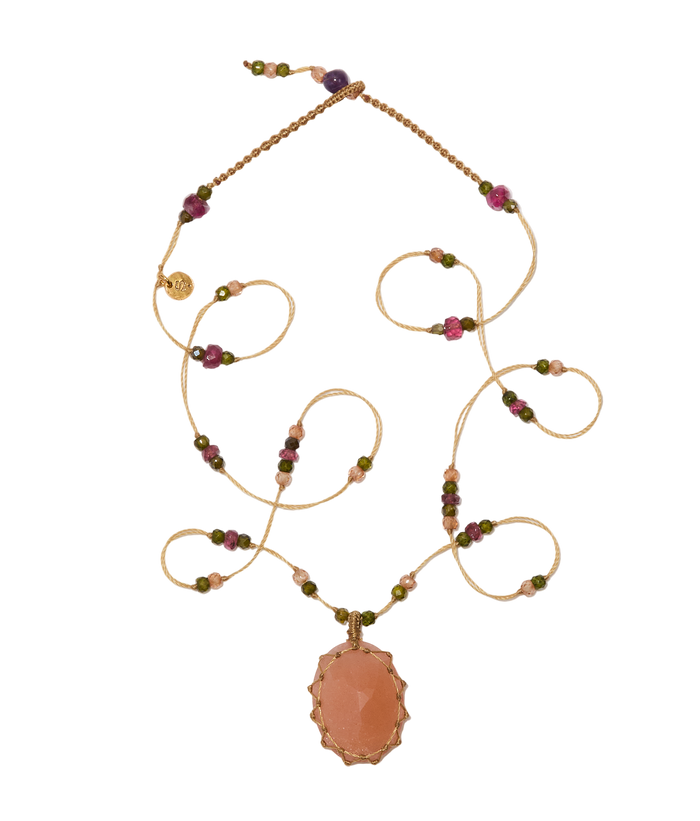 Collier Court Tibétain - Peach Moon Stone - Mix Tourmaline - Fil Beige