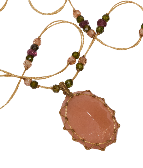 Collier Court Tibétain - Peach Moon Stone - Mix Tourmaline - Fil Beige