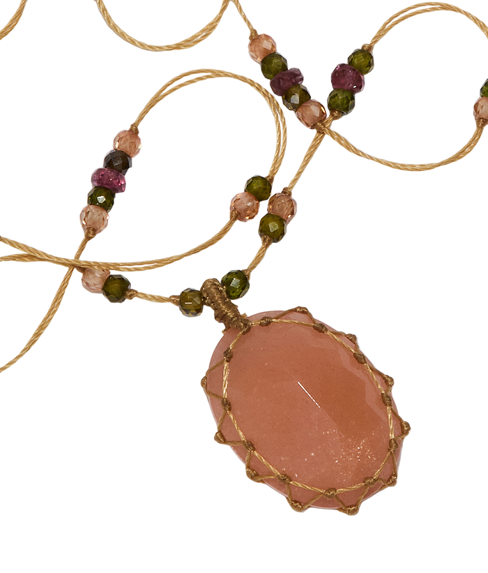 Collier Court Tibétain - Peach Moon Stone - Mix Tourmaline - Fil Beige