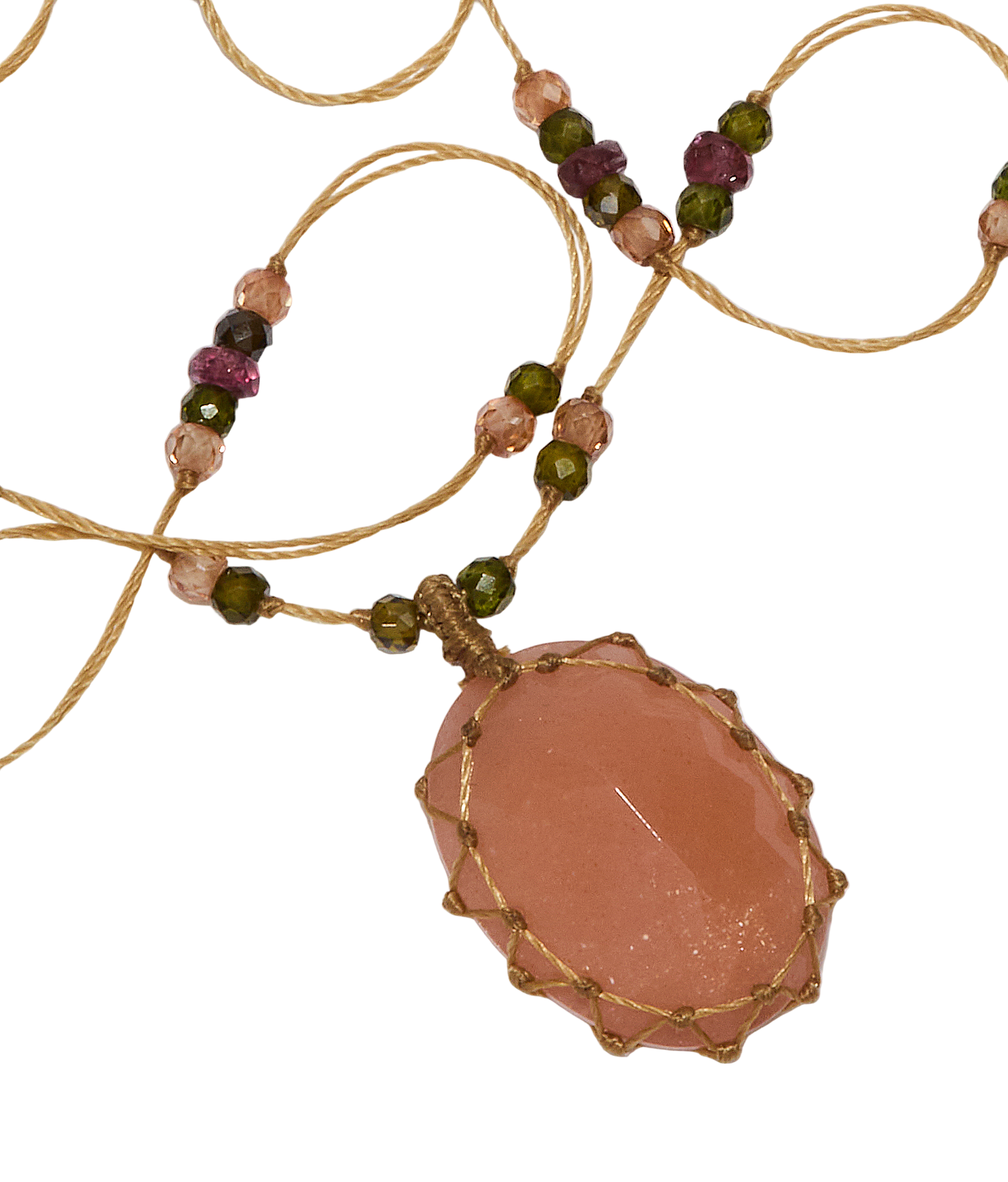 Halskette Court Tibétain - Peach Moon Stone - Mix Tourmaline - Beige Faden