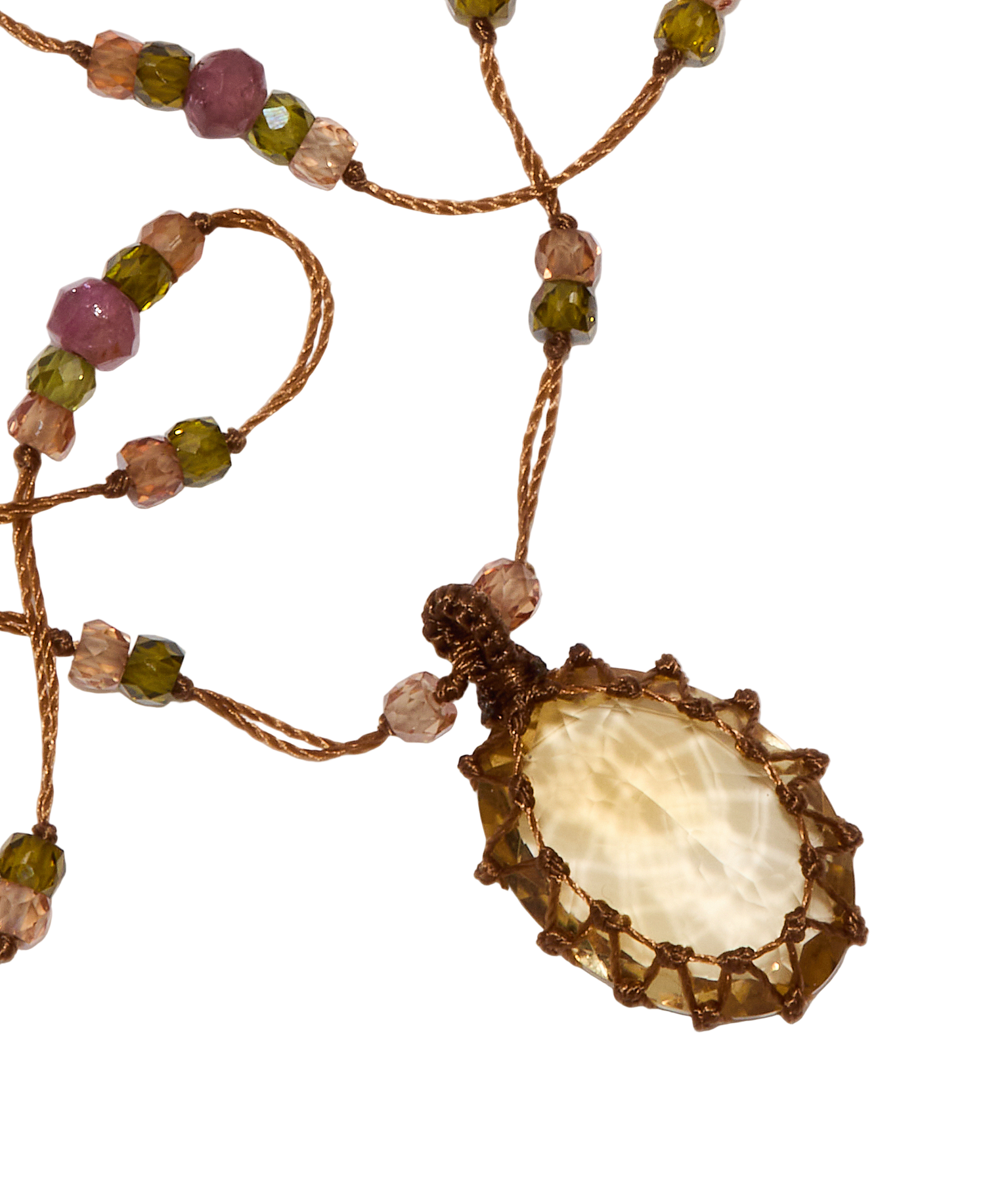 Short Tibetan Necklace - Citrine - Rose Tourmaline Mix - Tobacco-Brown Cord