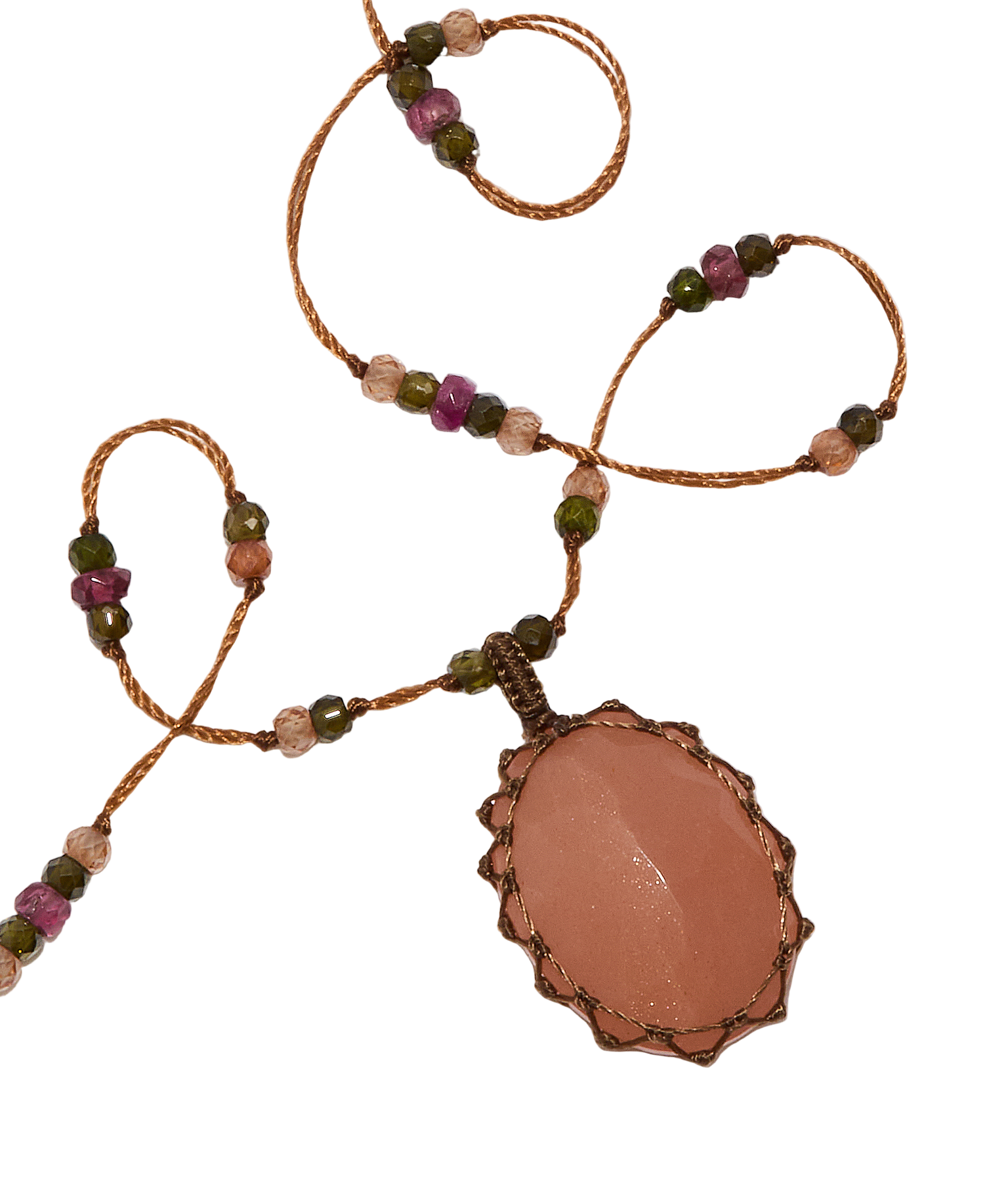 Halskette Court Tibétain - Peach Moon Stone - Mix Tourmaline - Tabakfarbenes Band