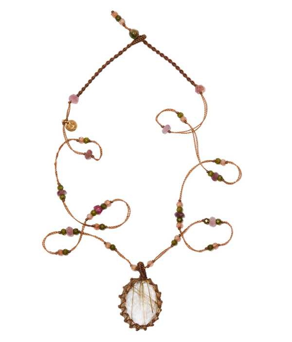 Collier Court Tibétain - Quartz Rutile Or - Mix Tourmaline Rose - Fil Tabac