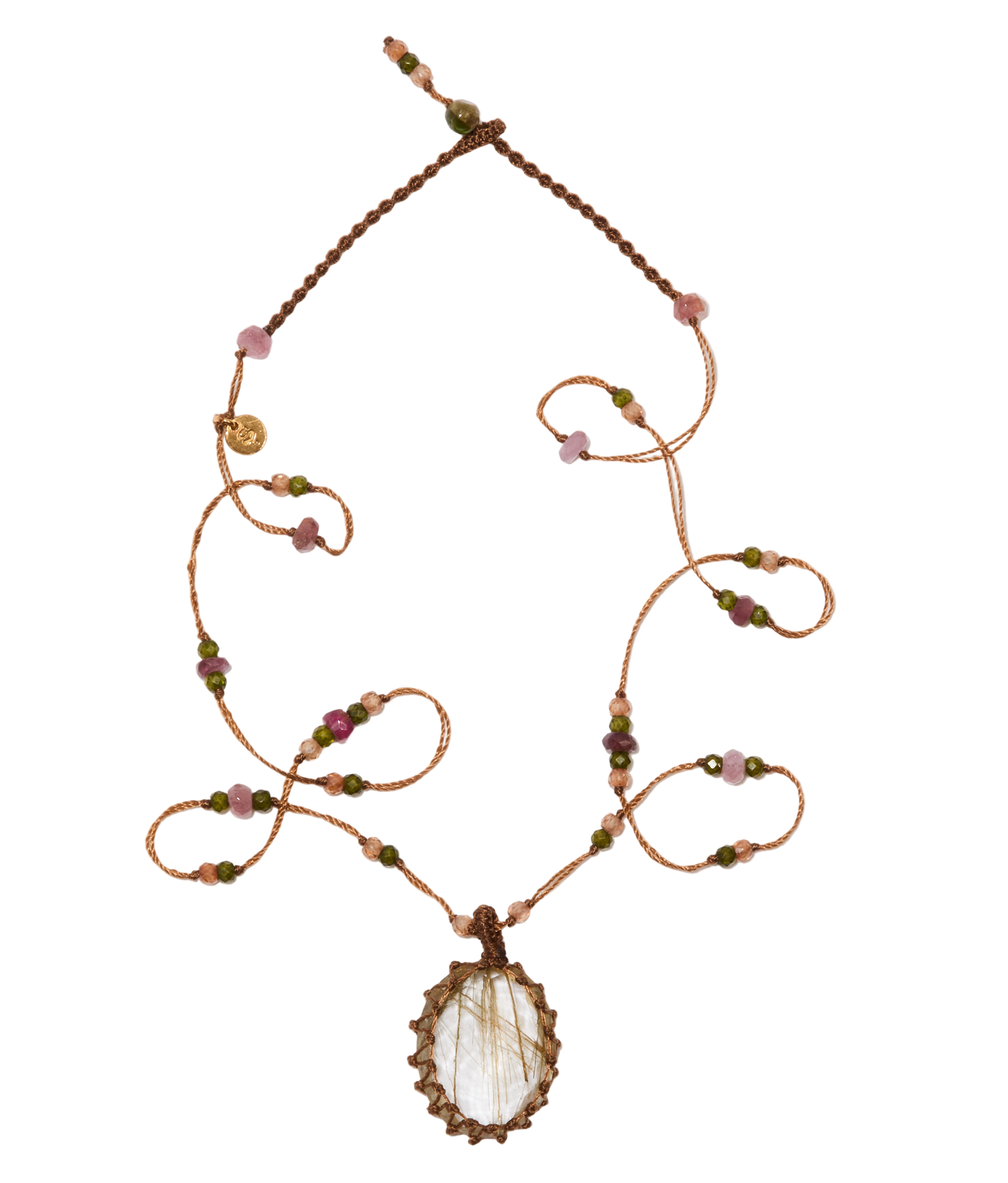 <p>Short Tibetan Necklace - Rutilated Quartz Gold - Pink Tourmaline Mix - Tobacco Thread</p>