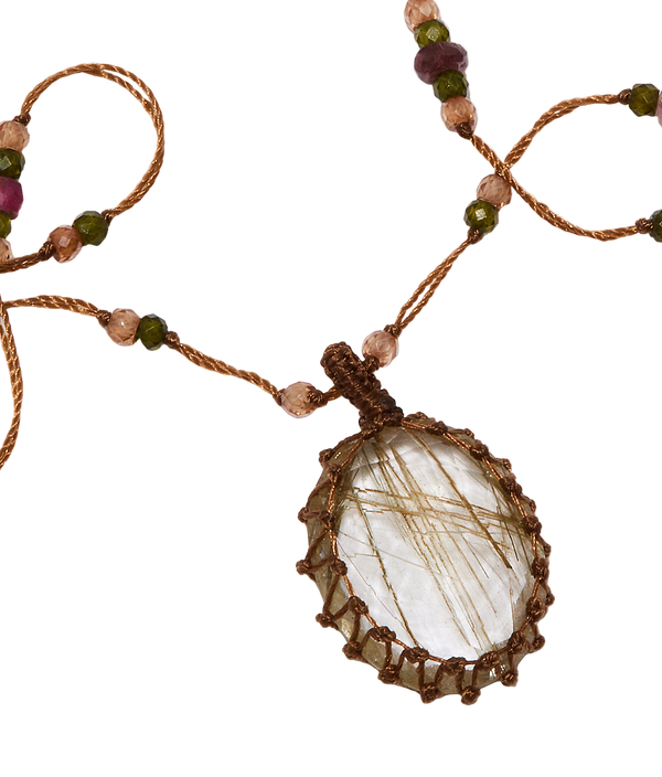 Collier Court Tibétain - Quartz Rutile Or - Mix Tourmaline Rose - Fil Tabac