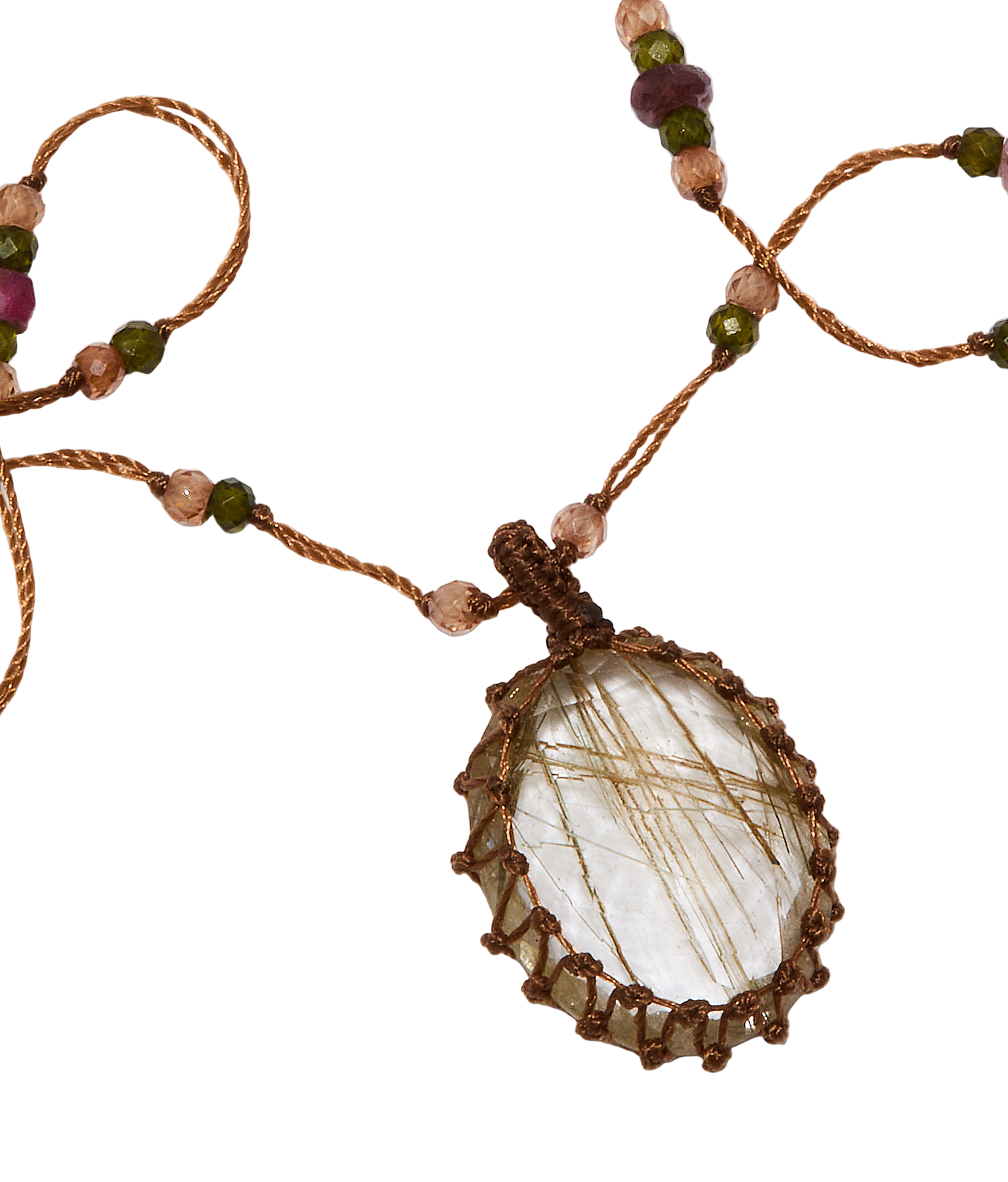 <p>Short Tibetan Necklace - Rutilated Quartz Gold - Pink Tourmaline Mix - Tobacco Thread</p>