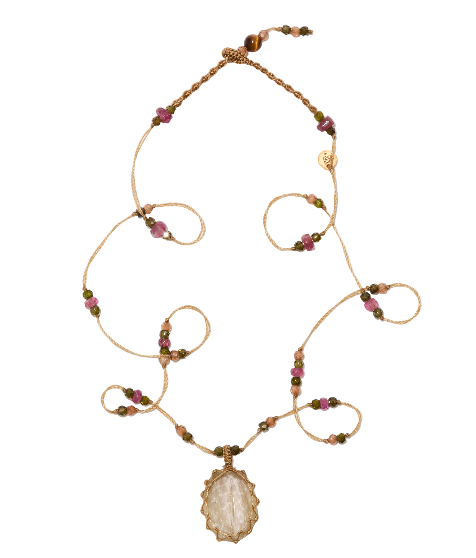 <p>Short Tibetan Necklace - Rutilated Quartz Gold - Pink Tourmaline Mix - Tobacco Thread</p>