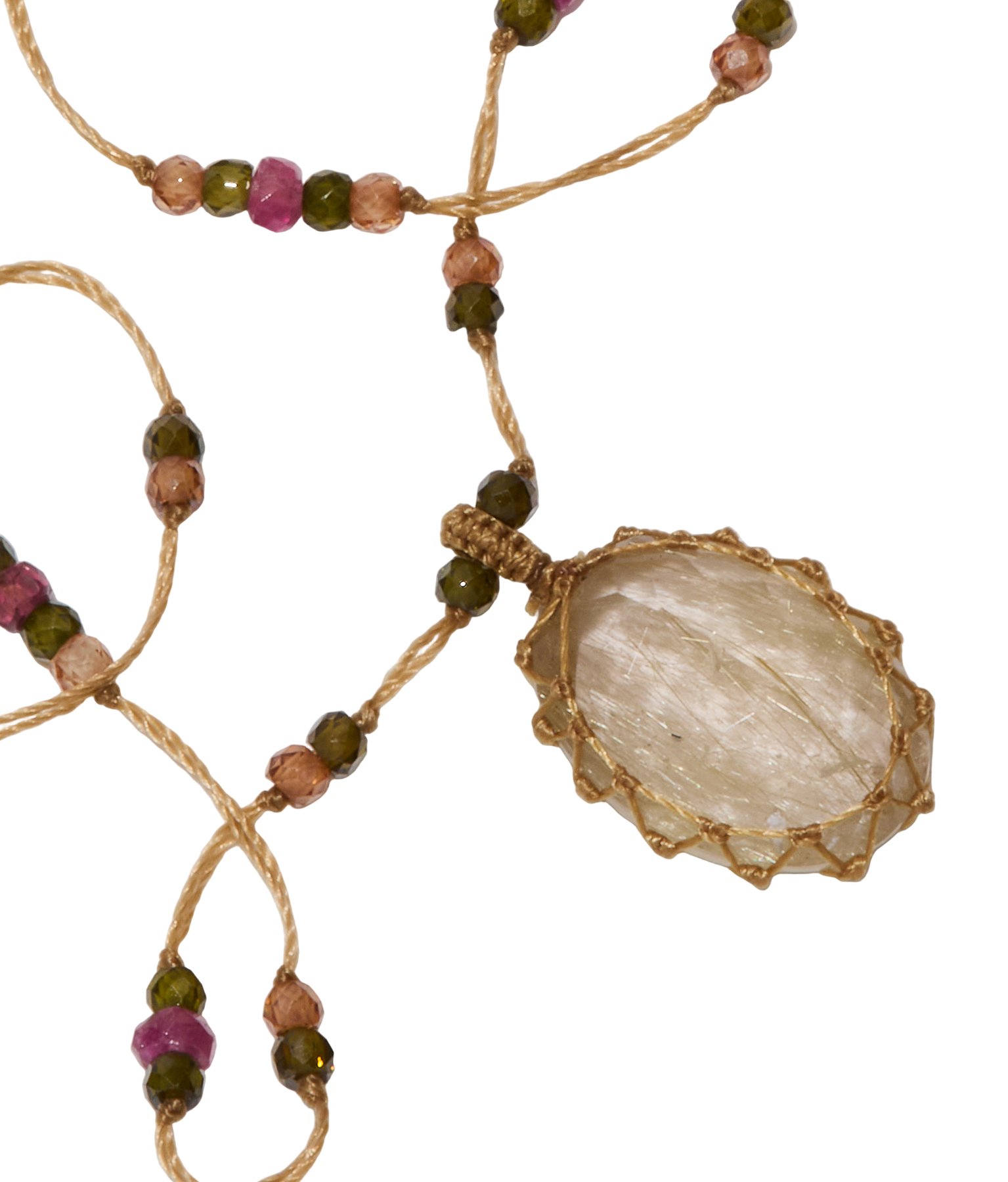 <p>Short Tibetan Necklace - Rutilated Quartz Gold - Pink Tourmaline Mix - Tobacco Thread</p>