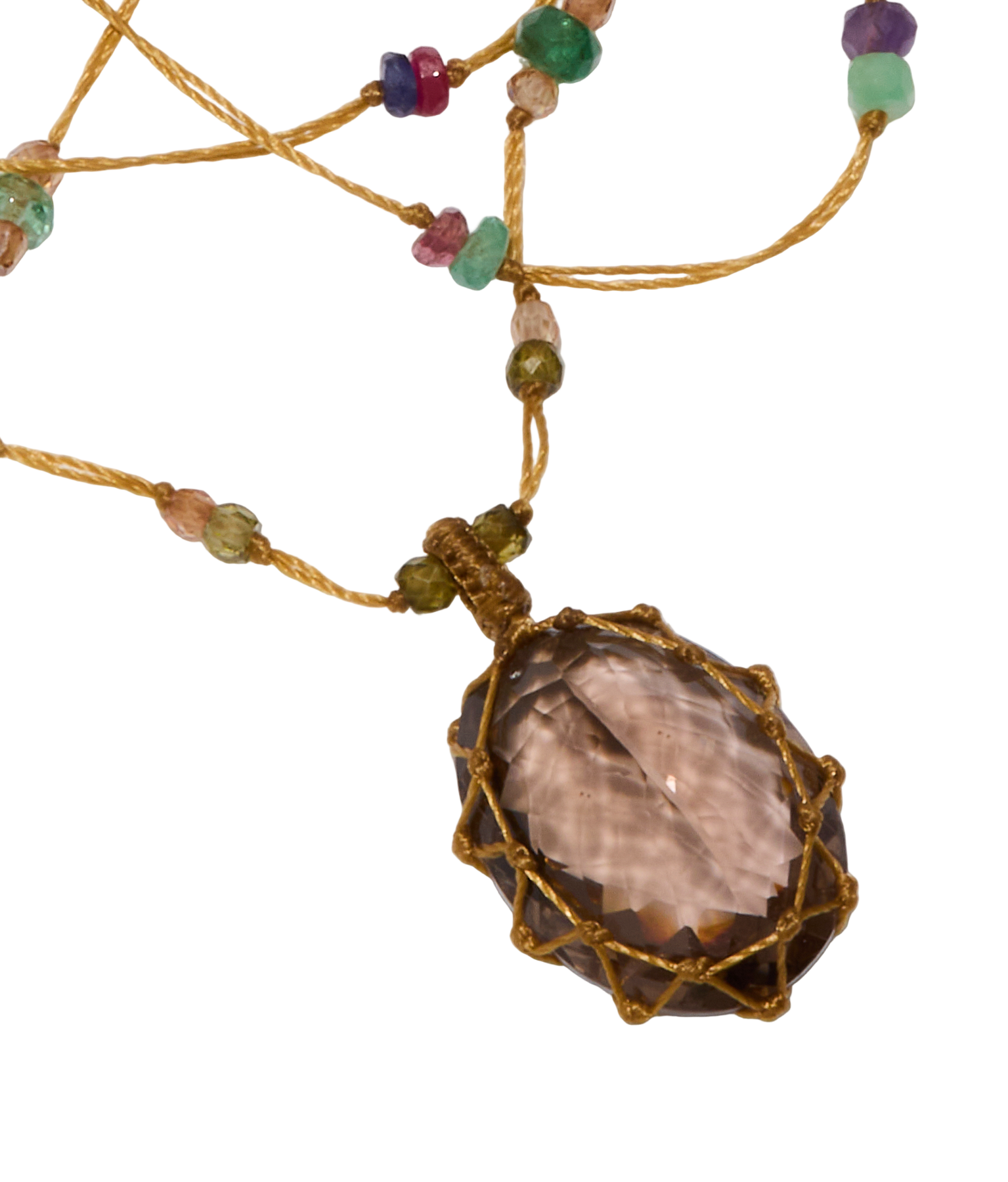 Sautoir Tibetano - Quarzo Fumé - Mix Multi Pietre - Filo Beige