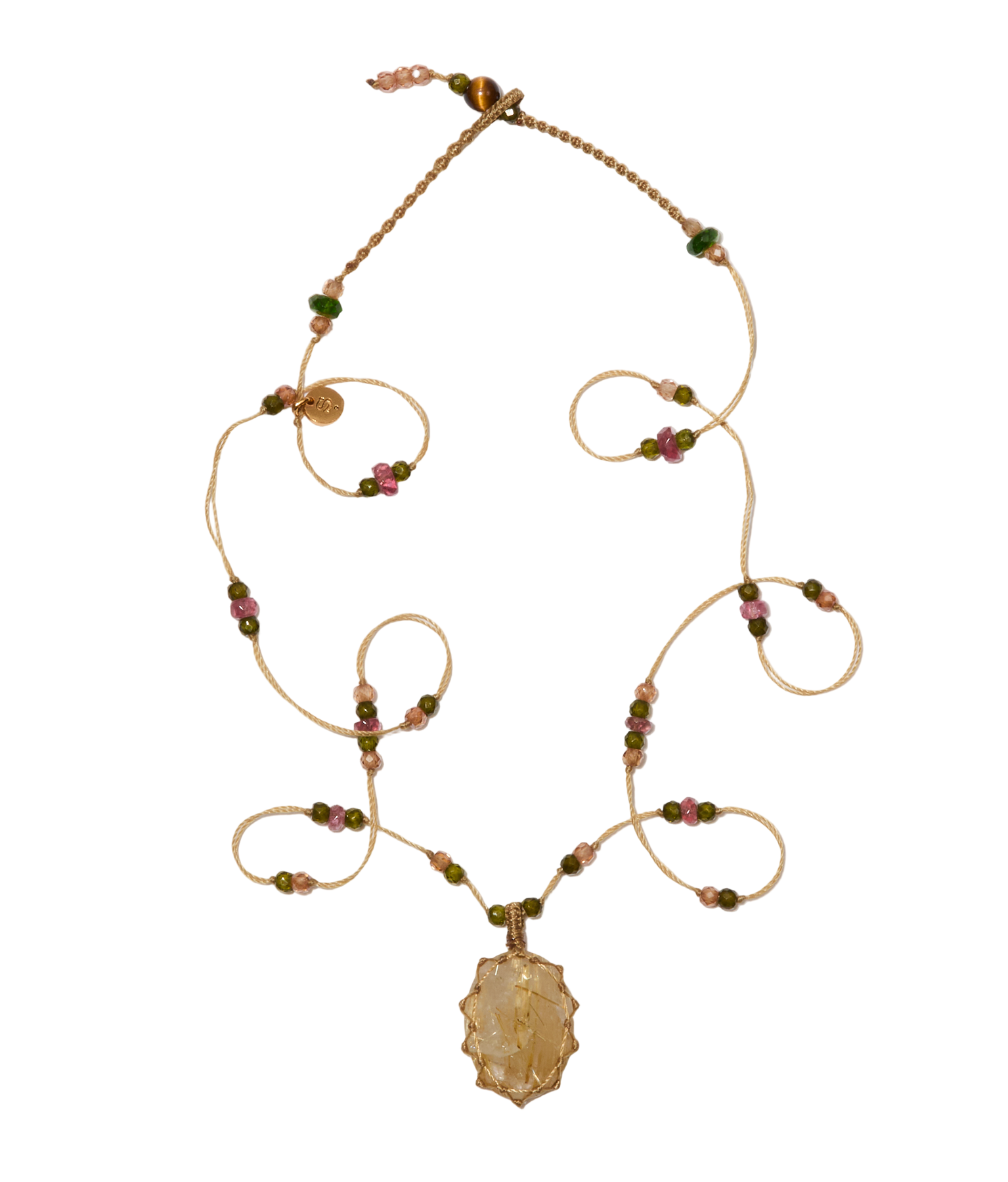 <p>Short Tibetan Necklace - Rutilated Quartz Gold - Pink Tourmaline Mix - Tobacco Thread</p>