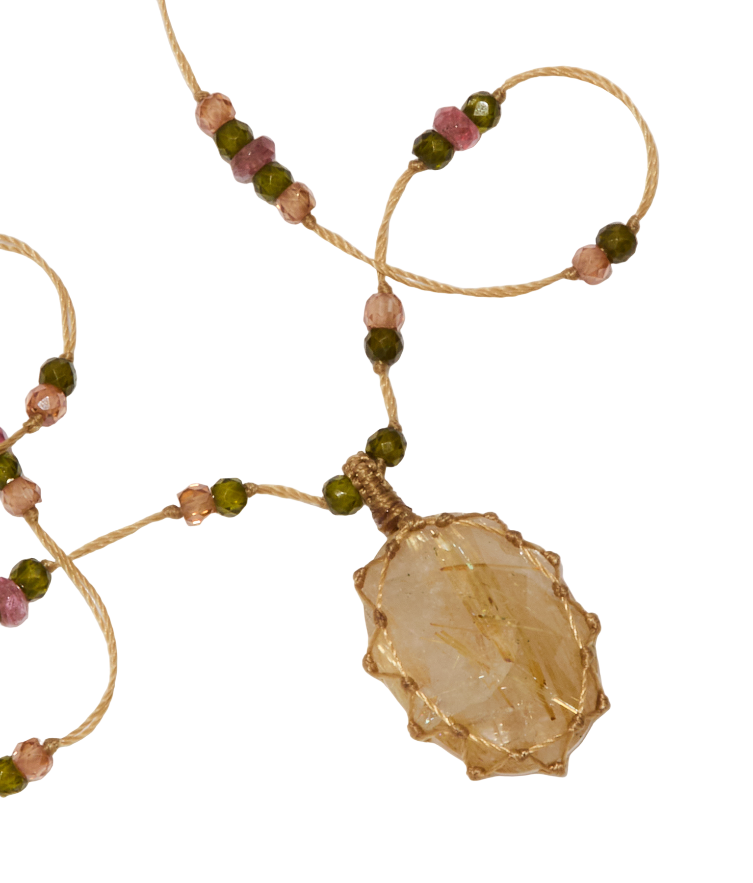 <p>Short Tibetan Necklace - Rutilated Quartz Gold - Pink Tourmaline Mix - Tobacco Thread</p>