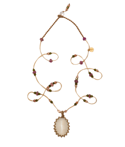 Collier Court Tibétain - Pierre de Lune - Mix Tourmaline - Fil Beige