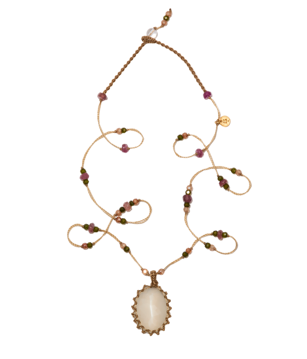 Collier Court Tibétain - Pierre de Lune - Mix Tourmaline - Fil Beige