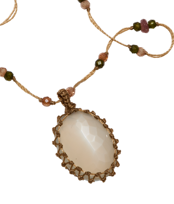 Collier Court Tibétain - Pierre de Lune - Mix Tourmaline - Fil Beige