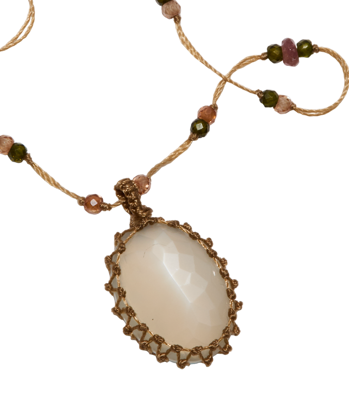 Collier Court Tibétain - Pierre de Lune - Mix Tourmaline - Fil Beige