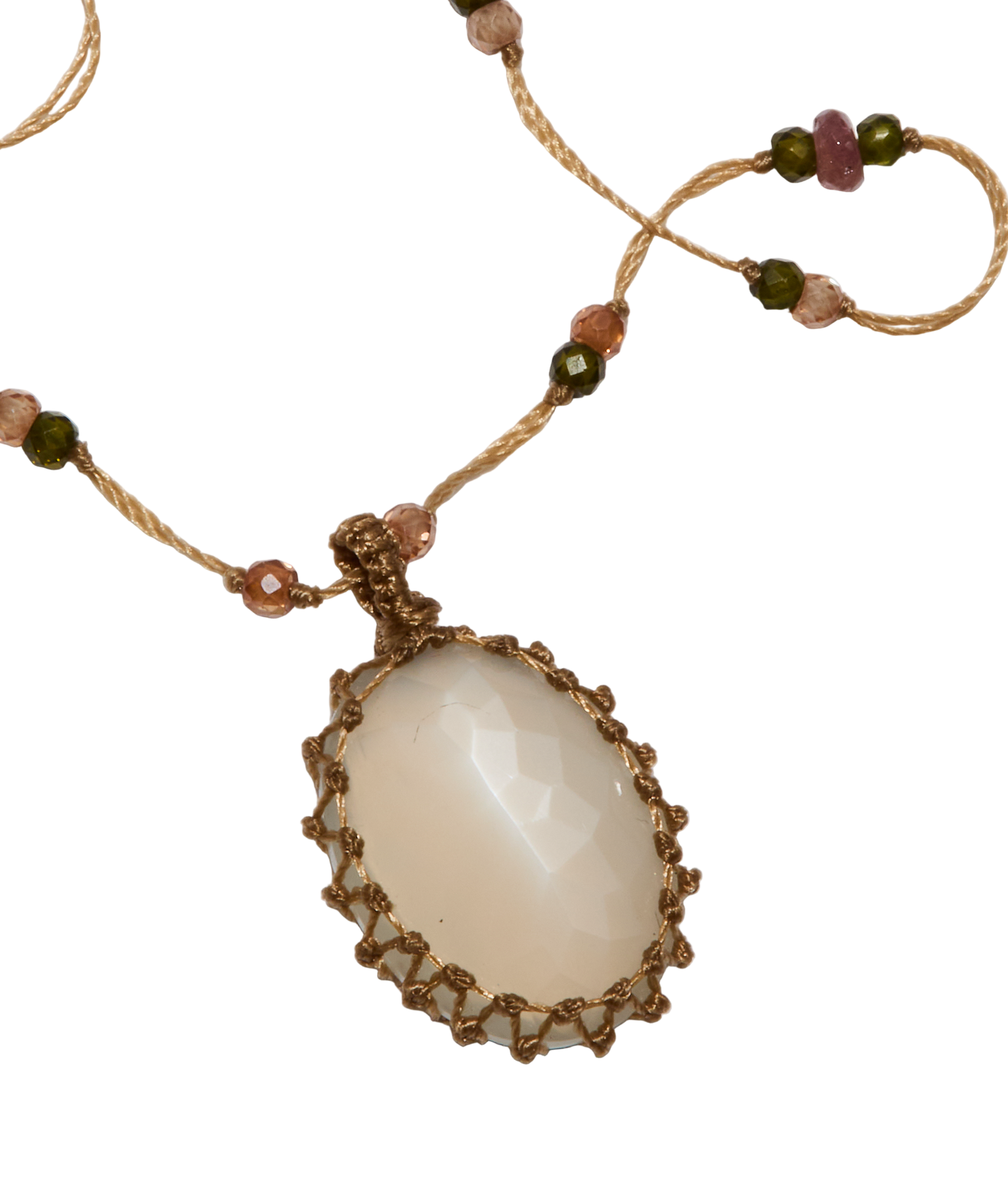 Collana Corta Tibetana - Pietra di Luna - Mix Smeraldo - Filo Beige
