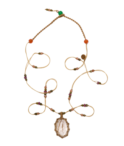 Kollier Court Tibétain - Quarz Rutile Gold - Mix Rosen-Tourmalin - Tabakfarbenes Band