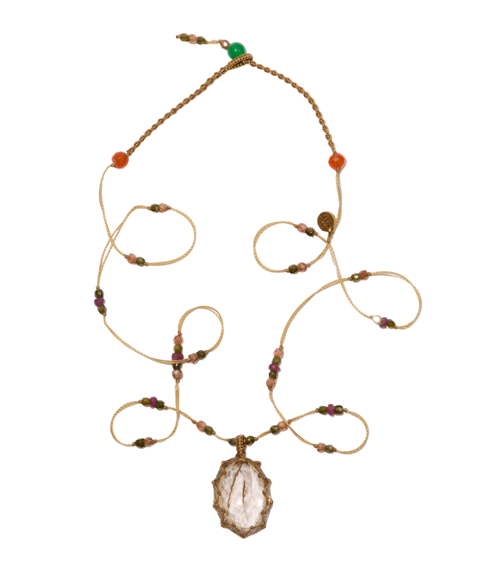 <p>Short Tibetan Necklace - Rutilated Quartz Gold - Pink Tourmaline Mix - Tobacco Thread</p>