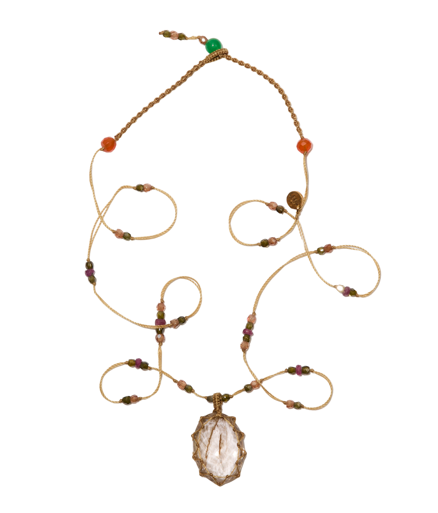 <p>Short Tibetan Necklace - Rutilated Quartz Gold - Pink Tourmaline Mix - Tobacco Thread</p>