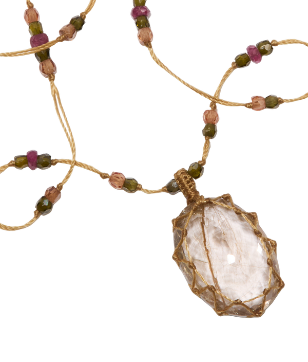 Mini Tibétain - Quartz Rutile Or - Mix Tourmaline Rose - Fil Beige