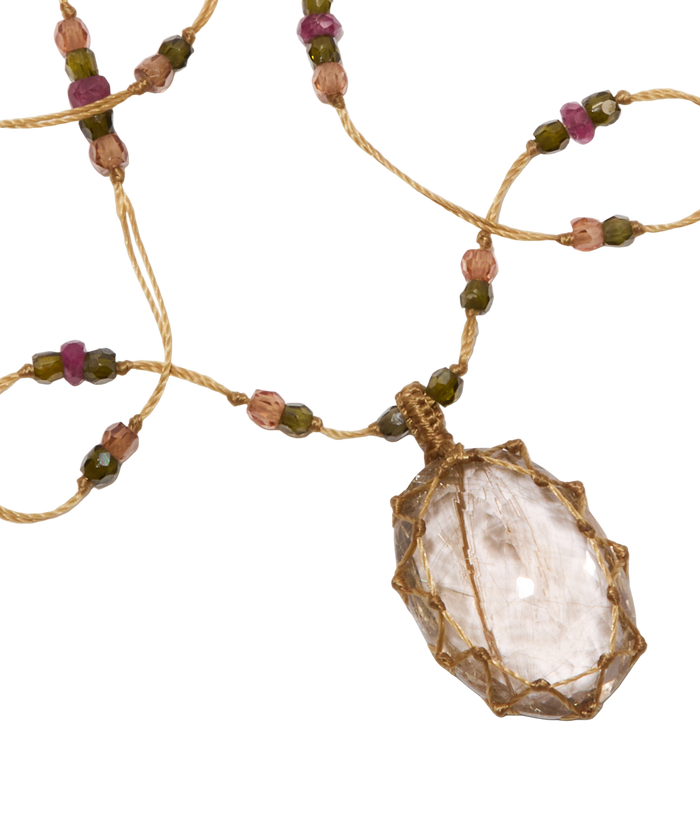 <p>Short Tibetan Necklace - Rutilated Quartz Gold - Pink Tourmaline Mix - Tobacco Thread</p>