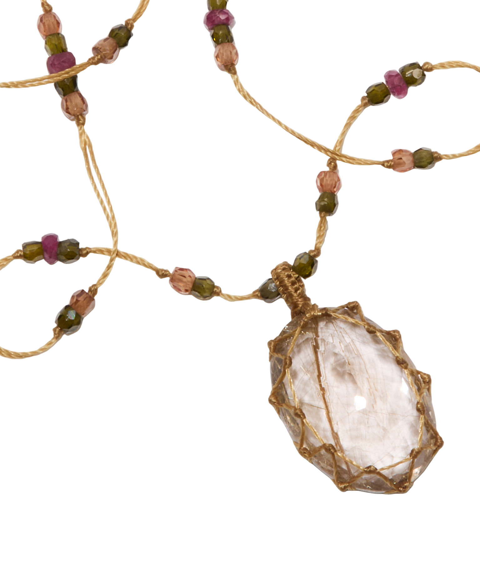 <p>Short Tibetan Necklace - Rutilated Quartz Gold - Pink Tourmaline Mix - Tobacco Thread</p>