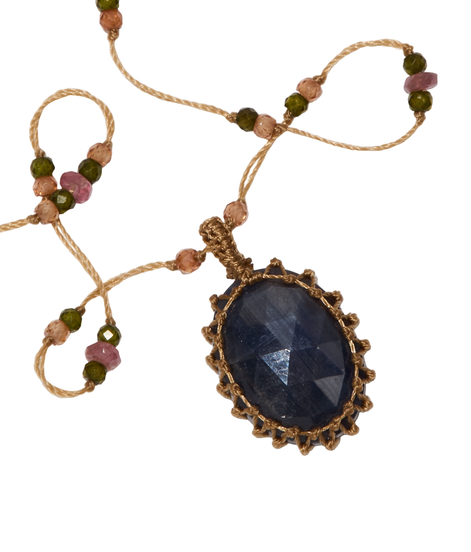 Collier Court Tibétain - Corundum Blau - Mix Turmalin - Beiger Faden