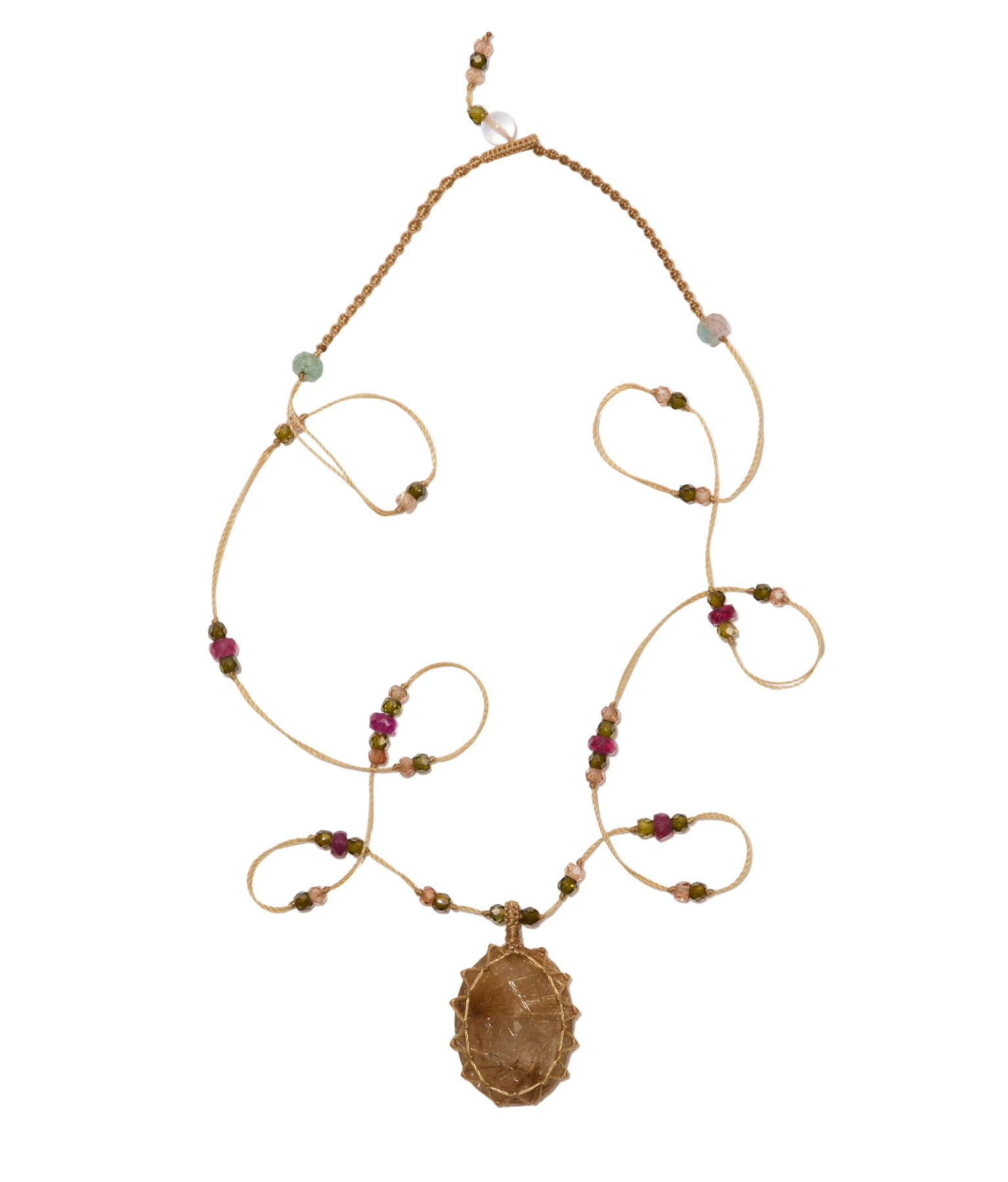 <p>Short Tibetan Necklace - Rutilated Quartz Gold - Pink Tourmaline Mix - Tobacco Thread</p>