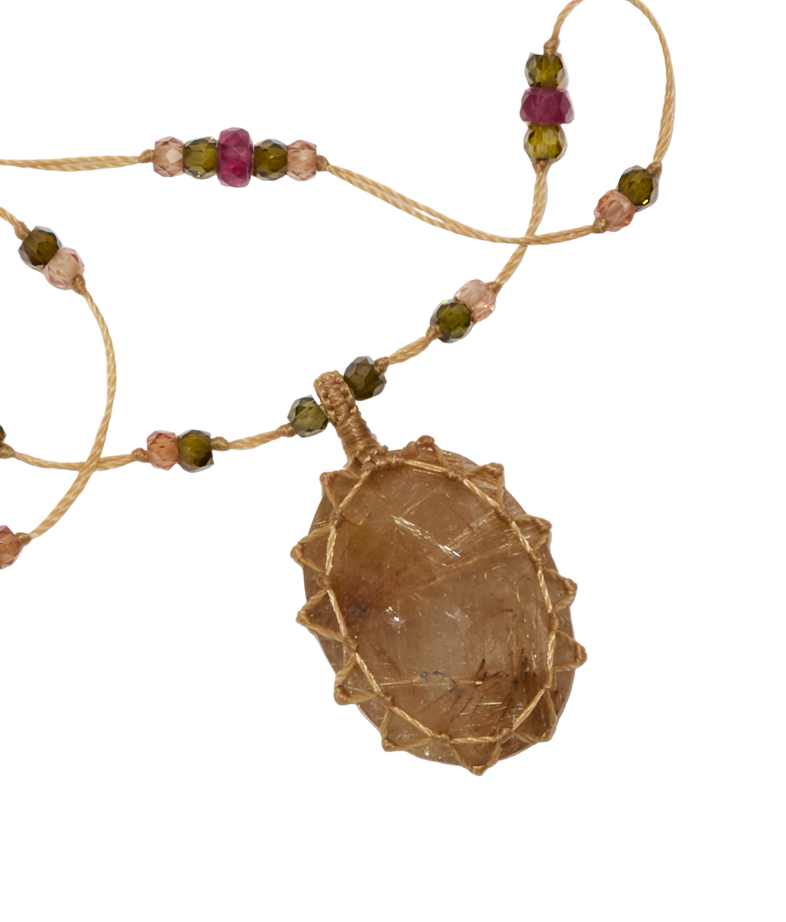 <p>Short Tibetan Necklace - Rutilated Quartz Gold - Pink Tourmaline Mix - Tobacco Thread</p>