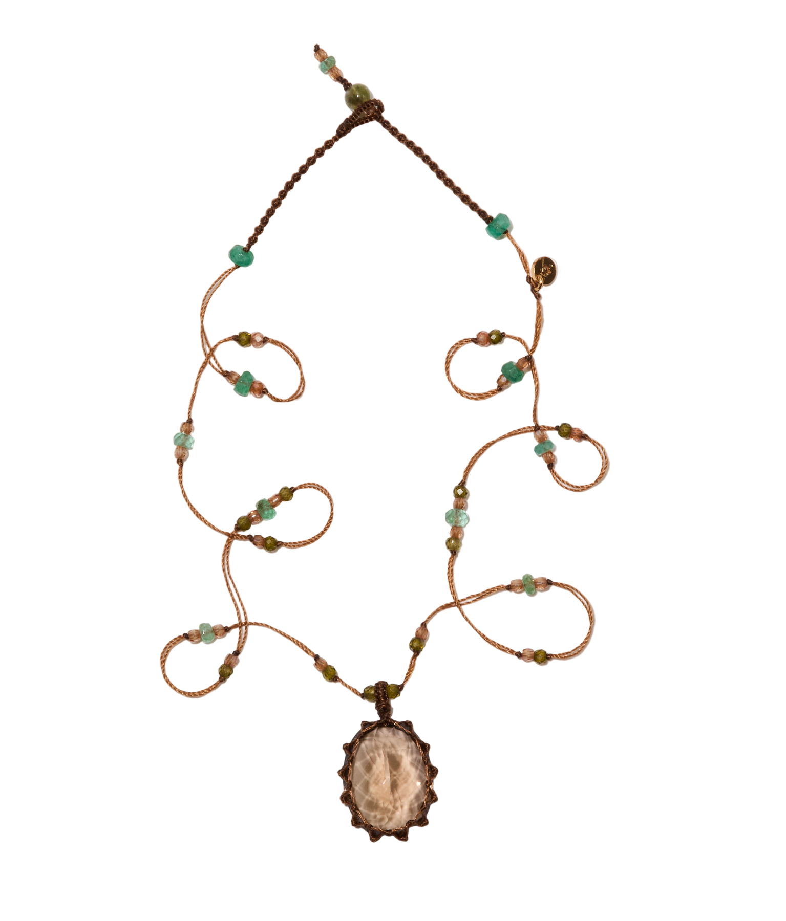 Collier Court Tibétain - Quartz Fumé - Mix Émeraude - Fil Tabac