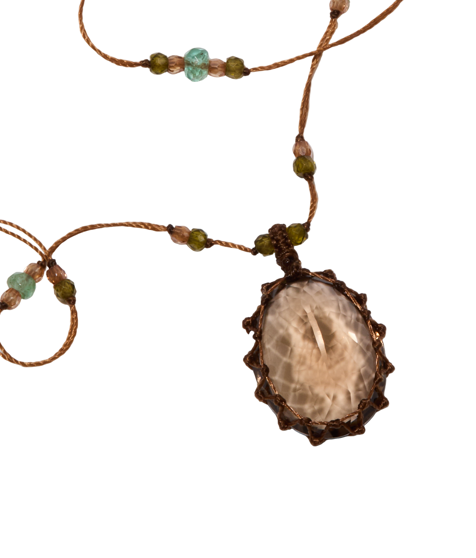 Collier Court Tibétain - Quartz Fumé - Mix Émeraude - Fil Tabac