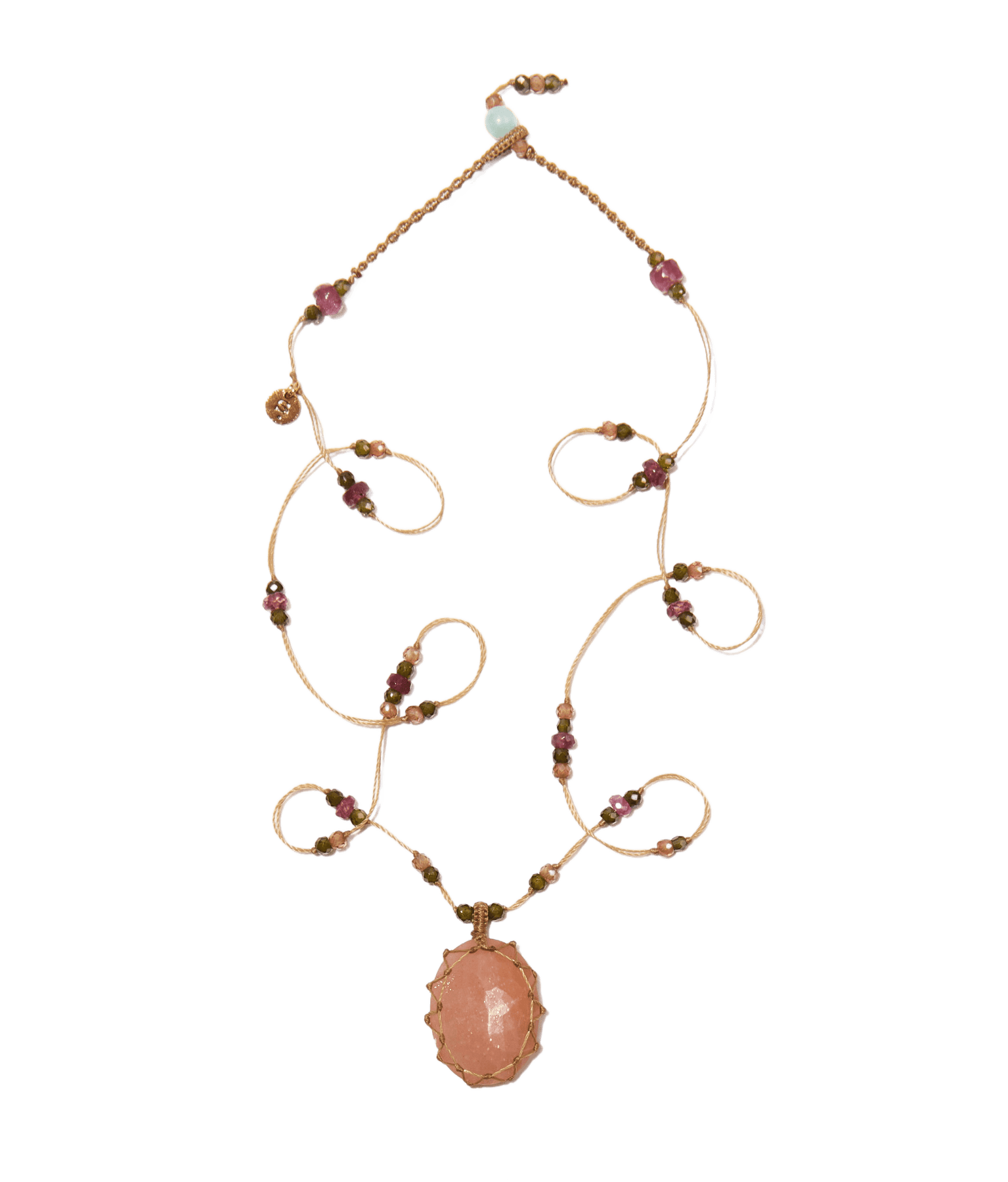 Collier Court Tibétain - Peach Moon Stone - Mix Tourmaline - Fil Beige