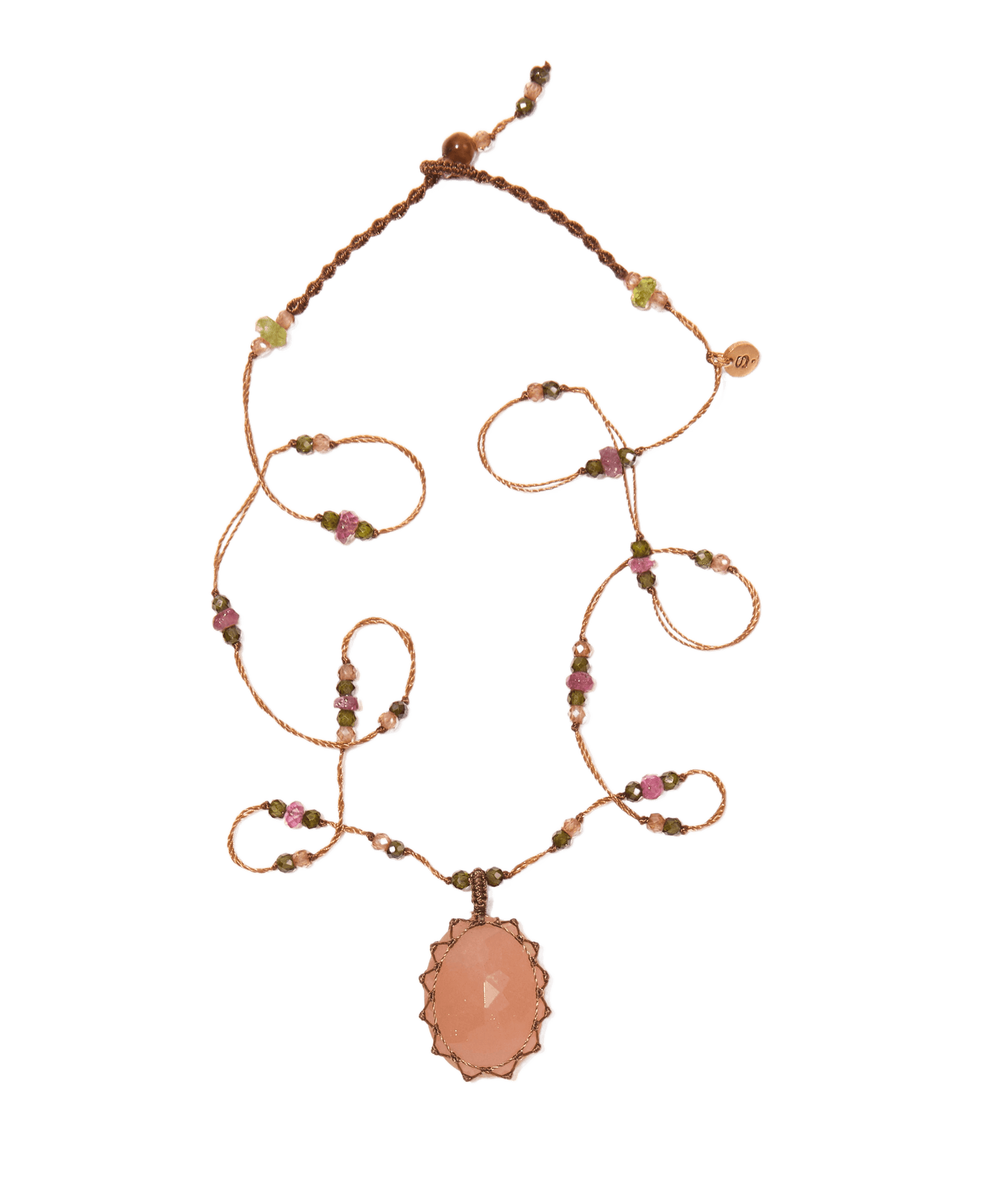 Collier Court Tibétain - Peach Moon Stone - Mix Tourmaline - Fil Tabac